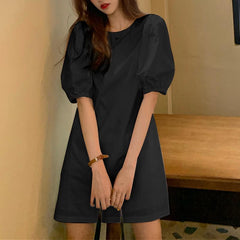 Women Summer Dress VONDA 2022 Elegant Party Dresses Short Puff Sleeve O Neck Casual Solid Color Mini Sundress Pleated Vestidos