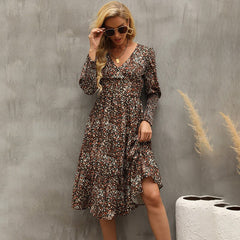 فساتين نسائية بوهو ستايل مطبوعة بالورود متوسطة الطول أنيقة بياقة على شكل V وأكمام طويلة فساتين على شكل حرف A للسيدات بخصر مطاطي Mujer