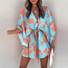 فستان قصير غير رسمي لقضاء العطلات على الشاطئ بوهو للنساء فساتين صيفية مطبوعة بأربطة وأكمام تشبه جناح الخفّاش للنساء رداء نسائي فضفاض