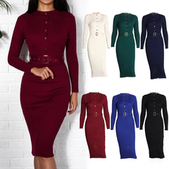Women Midi Sweater Dress Autumn Winter 2020 New Fashion Button Long Sleeve Pencil Dress Knitted Women Bodycon Dress Black Red