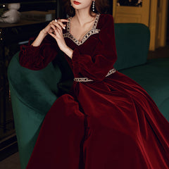 Ladies Long Long Sleeve Velvet Evening Dress Fashion Party Dress Maroon Dress Black Dress