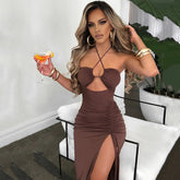 Women's style spring new dress sexy slit hanging neck casual dress