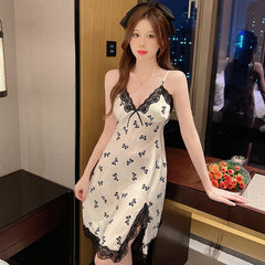 pajamas2023 new ice silk nightgown women's V-neck slimming large size Japanese printed sexy skirt wholesale