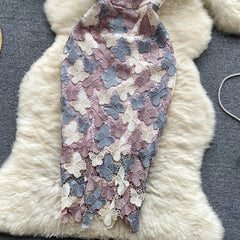 French temperament high-end sense butterfly hollow hook flower lace dress female waist slimming elegant lady bag hip skirt