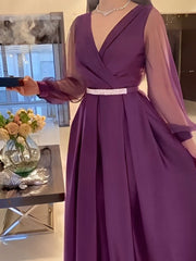 Elegant rose purple waisted white satin dress