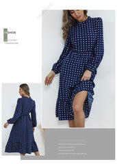 بوهو فانوس كم طويل البولكا نقطة مطبوعة ميدي فستان المرأة أنيقة خمر الوقوف طوق سبليت الخريف فستان رداء فام