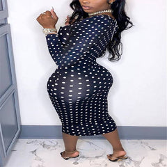 Deep V Low Cut Bodycon Midi Dress Vintage Women Polka Dot Sheath Dress Office Lady Skinny Long Sleeve Dress Autumn Spring