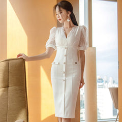 H Han Queen Korean Elegant Lace Patchwork Pencil Dress Women Summer Single-Breasted Office Wear Dresses Sheath Bodycon