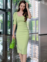 French Style Vintage Square Collar Puff Sleeve Midi Party Dress Ladies Elegant Sexy Backless Bodycon Female Split Pencil Dress