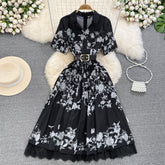 High-end light luxury temperament short-sleeved V-neck waist slimming lace stitching printed A-line dress elegant long skirt