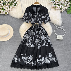 High-end light luxury temperament short-sleeved V-neck waist slimming lace stitching printed A-line dress elegant long skirt