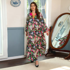Southeast Asia new color-blocking dress lapel printing Kaftan Middle East Arabian ethnic style hot diamond Jalabiya rhinestone elegant dress