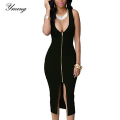 فستان نسائي صيفي YMING طويل بسحاب أمامي للحفلات فساتين شاطئ أبيض وأسود فستان الشمس فيستدوس Bodycon ميدي فستان النادي
