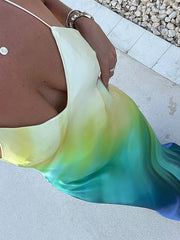 Sexy Satin Print Maxi Beach Dress Bodycon Ladies 2023 Summer Dye Tie Backless Elegant Party Dress Holiday Costume Robe