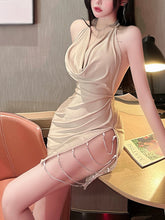 Sexy women's pajamas split open back halter nightdress bag skirt split chain skirt