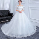 Factory Direct High end lace ribbon mid sleeve one shoulder large wedding dress white knot fat man with fat tail High Quality