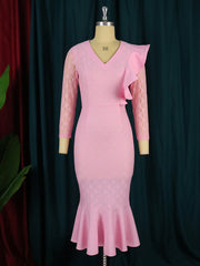 AOMEI Women Pink Lace Dress Ruffle Midi Mermaid Long Sleeve African Ladies Party Birthday Bodycon Large Size Formal Event Gowns