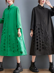 Autumn new fashion literary temperament dress loose Polo collar hole design shirt dress women