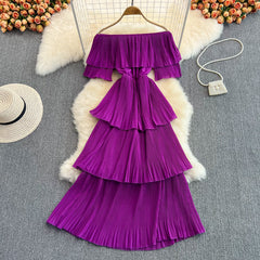 Summer one-word collar off-the-shoulder sweet ruffled temperament cake dress seaside vacation beach skirt elegant long skirt