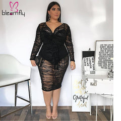 Plus Size 4xl Sexy Bodycon Dress Women V-neck Long Sleeve Dresses Ladies Night Club Party Mesh See Through Sheer Elegant