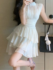 2023 atmosphere high-end sleeveless dress women's summer pure and sweet pleated white skirt slim waist cake skirt
