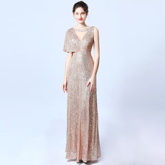 Ladies Fashion Slim One Shoulder Sexy Sequin Banquet Long Evening Dress