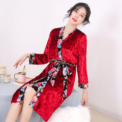 Pajamas nightgown gold velvet printed side long-sleeved suspenders two-piece V-neck se xy home wear