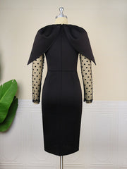 Women Black Dress Bodycon Slim Elegant V Neck Patchwork Mesh Sleeves High Waist Office Ladies Classy Female Gowns Vintage Robes