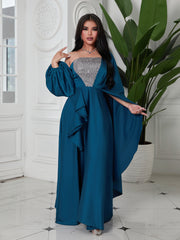 Elegant blue satin sequined dress