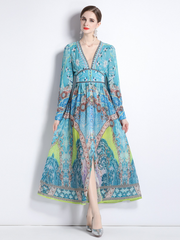 2184 shot 2023 early spring vacation style temperament design collar print long sleeve waist waist dress