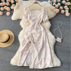 Square collar polka dot dress short-sleeved new summer French style waist sweet temperament puff sleeves big dress