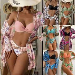New European and American Beach Three-piece Sexy Multicolor High Waist Mesh Split Print Bikini