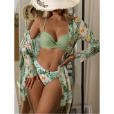 Three-piece swimsuit green leaf print new bikini