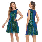 European and American women's magic color two-color sequined cocktail dress round neck sleeveless loose A- dress