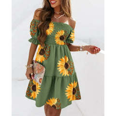 New style tube top short-sleeved neckline waist pleated print dress women