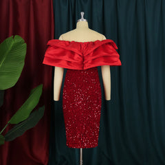 Elegant Women Sequin Red Dress Velvet Off Shoulder Chest Wrap Rufles Glitter Dresses Bodycon Party Celebrity Birthday Gowns 4XL