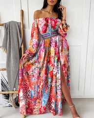 Evening dress European and American print dress V-neck pullover retro long-sleeved large swing dress