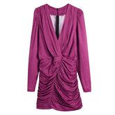 المرأة مثير العميق الخامس الرقبة فساتين صغيرة خمر نقطة ملابس منقوشة بكم طويل فساتين الحفلات الإناث شيك مطوي Bodycon فساتين