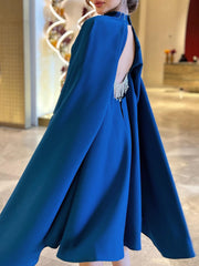 Dark Blue Elegant Satin Backless Fringed Diamond Dress