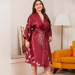 Burgundy Women Full Sleeve Summer Kimono Robe Bathrobe Satin Print Nightdress Plus Size XL-3XL Home Dress Sleepwear