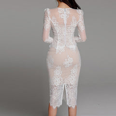 Club Outfits Elegant Women Retro White Sexy Sheer Lace O-Neck Tops Shirt Blouse High Waist Midi Skirt Bodycon Slim 2 Pieces Sets