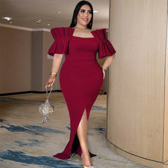 Sexy Off Shoulder Slash Neck Slit Ruffles Bodycon Dress Party Dresses Women Evening Elegant Package Hip African Long Maxi Dress