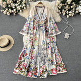 Bohemian ethnic style printed V-neck bell sleeve dress elegant temperament