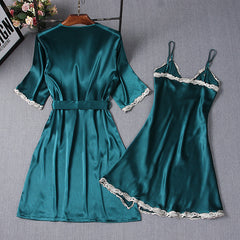 Spring Summer Ice Silk Pajamas Ladies Two-piece Sling Nightdress Comfortable Breathable Women's Nightgown Set