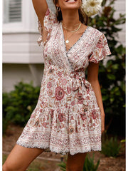 فستان نسائي صيفي قصير غير رسمي بأكمام قصيرة مطبوع عليه زهور ورقبة على شكل V مثير ملفوف بوهو للشاطئ رداء S ~ 5XL