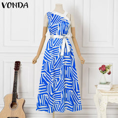 VONDA Elegant Dresses For Women 2022 Random Printed One-Shoulder Sleeveless A-Line Vestidos Bohemian Party Casual Plus Size Long Dresses