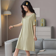 Summer nightdress women's round neck short-sleeved cute home service women's cotton thin mid-length skirt beautiful back ladies pajamas dress