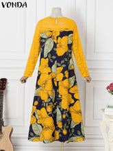 فوندا نساء بوهو خمر زهرة مطبوعة ماكسي فساتين طويلة سبينغ الخريف الدانتيل المرقعة عادية فضفاض س الرقبة طويلة الأكمام ألف خط فساتين حجم كبير