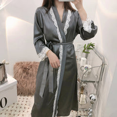 Dressing gown female bride bridesmaid group wedding home nightgown spring and autumn ice silk long bathrobe sexy lace