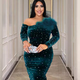 Sexy One Shoulder Long Sleeve Sequin Party Banquet Dress Velvet Plus Size Ladies Dress Party Dress